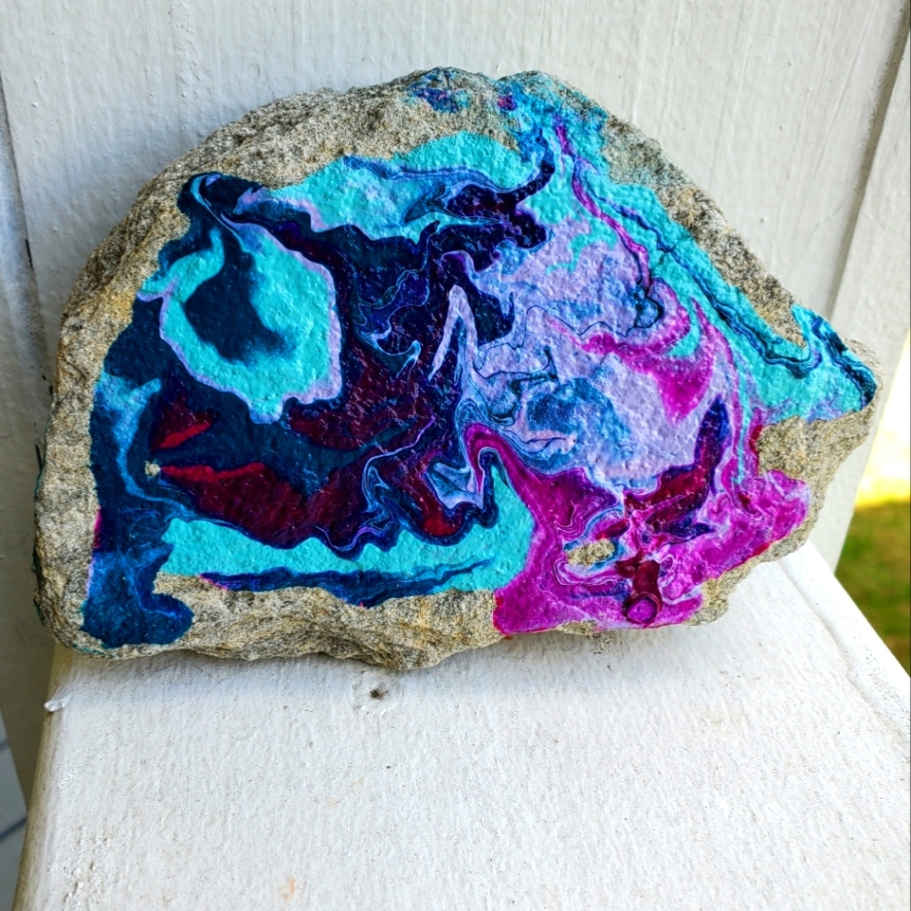 🙏 HAND CRAFTED rock art acrylic pour purple blue turquoise